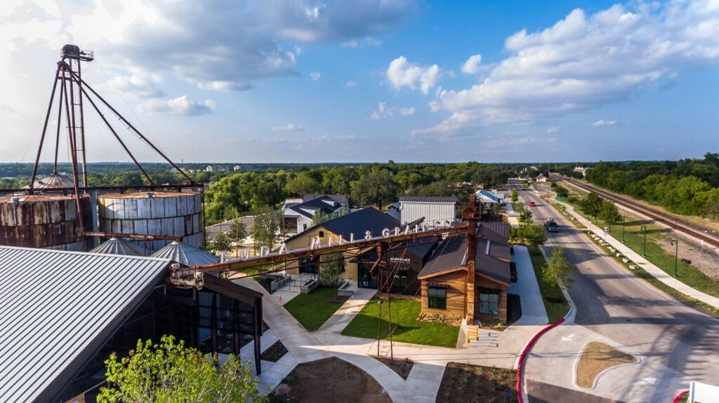 Aerial view of a mixed-use business development in Buda, Texas