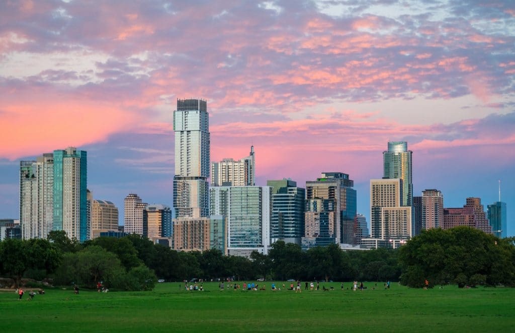 A city skyline at sunset where business may be ideal for relocation