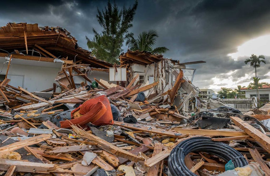 Waste and debris in a neighborhood in the aftermath of a natural disaster