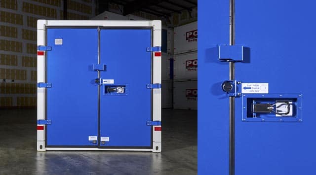The high-security locks on a PODS all-steel storage container
