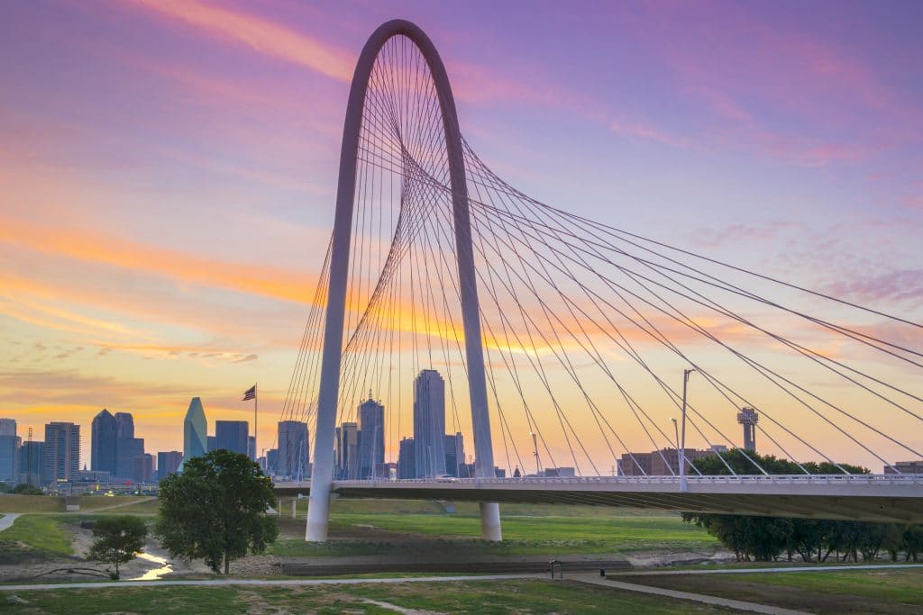 Photo of a Dallas bridge and skyline