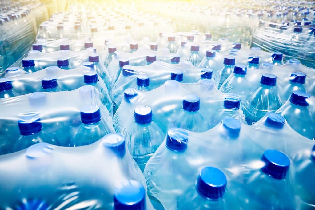 Cases of water bottles for airport disaster supplies
