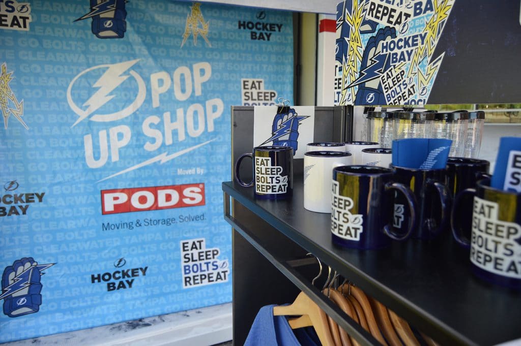 A retail merchandising display at a Tampa Bay Lightning pop-up shop