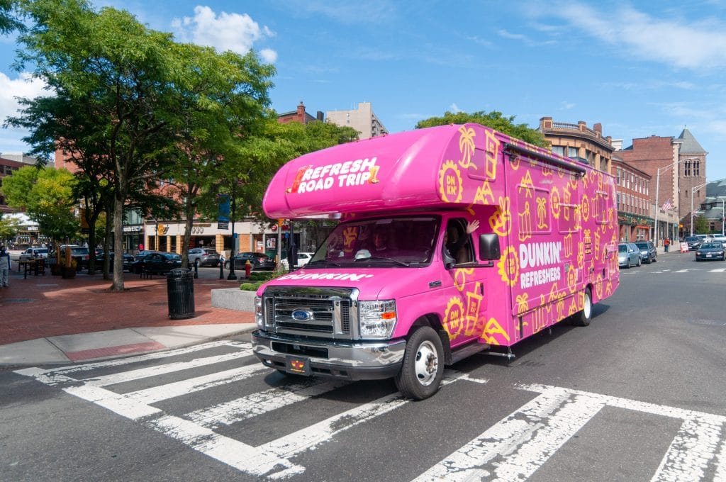An RV that was customized by Dunkin Donuts for brand activations