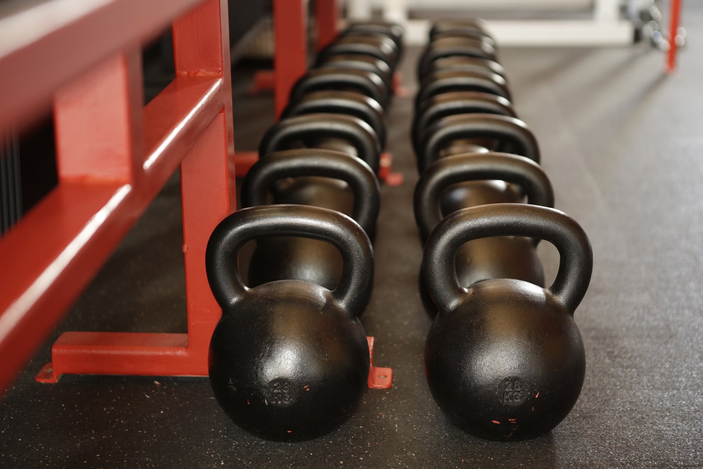 Kettle bell free weights inside a school gym