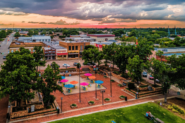 Aerial view of a downtown square in Garland, Texas