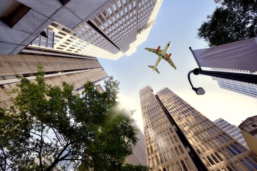 A plane flying over downtown Atlanta