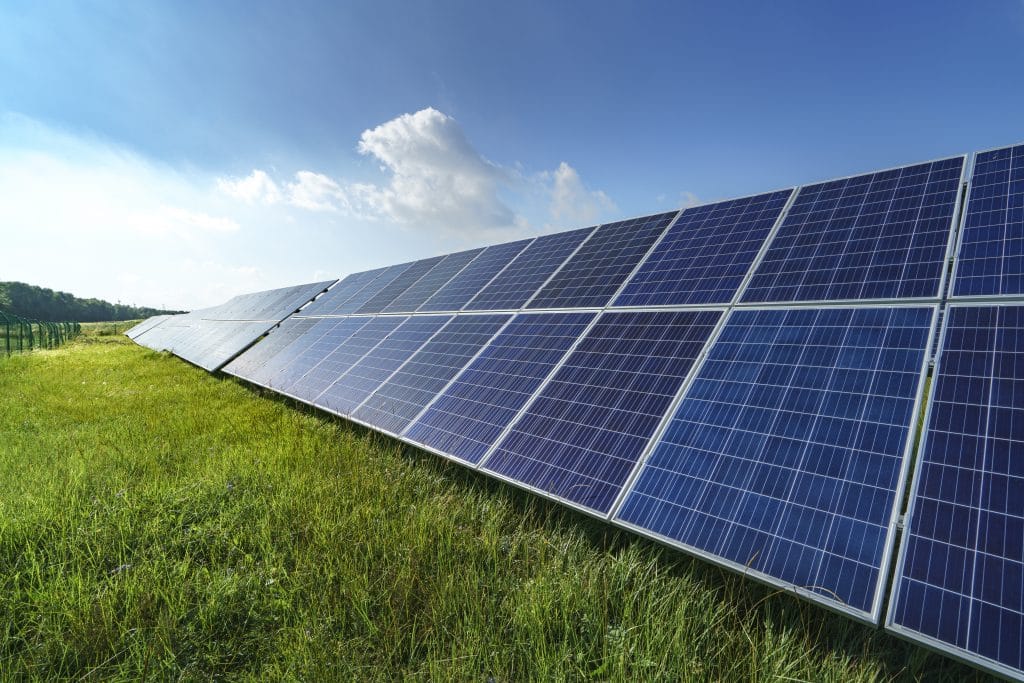 Solar panels in a grassy field