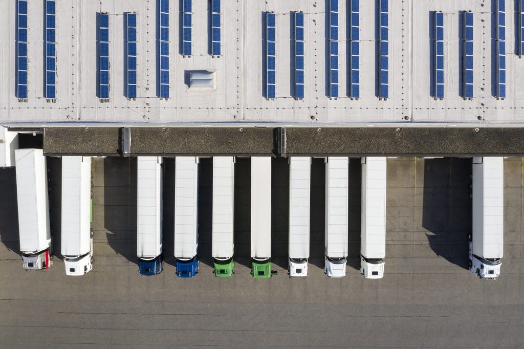 An aerial view of a loading dock for freight trucks