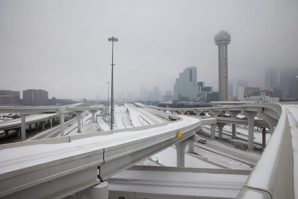 Downtown Dallas covered in snow