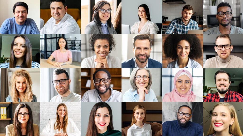 Grid of an online video conference with from multiple people of all backgrounds