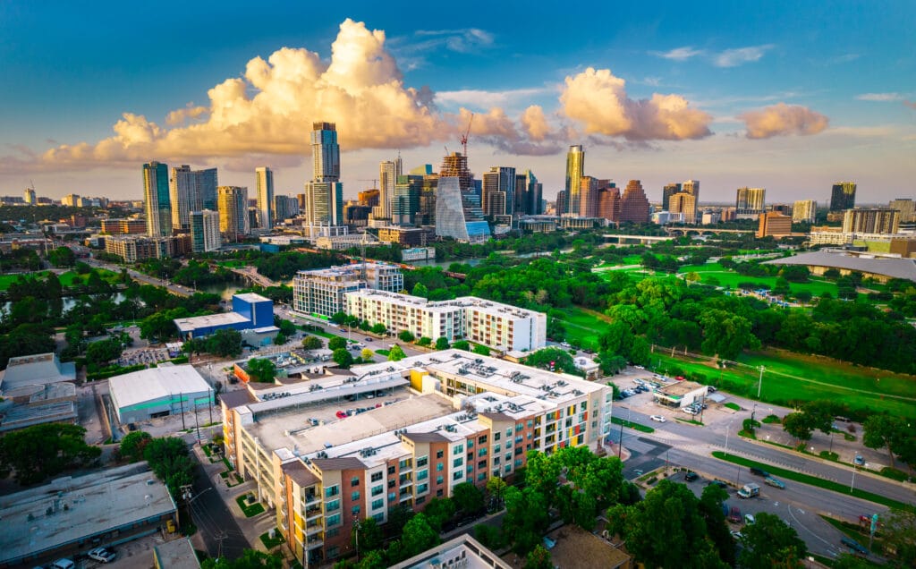 Aerial view of the Austin skyline in the early evening