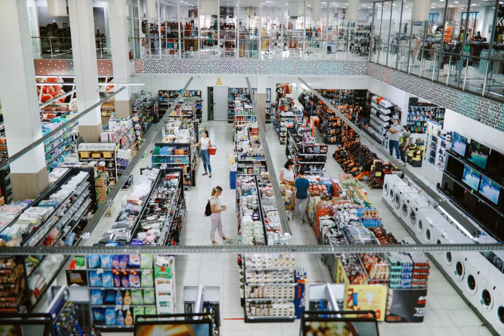 Aerial view of displays and storage space inside a grocery retailer