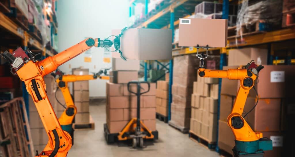Smart robot arm systems lifting boxes inside a warehouse