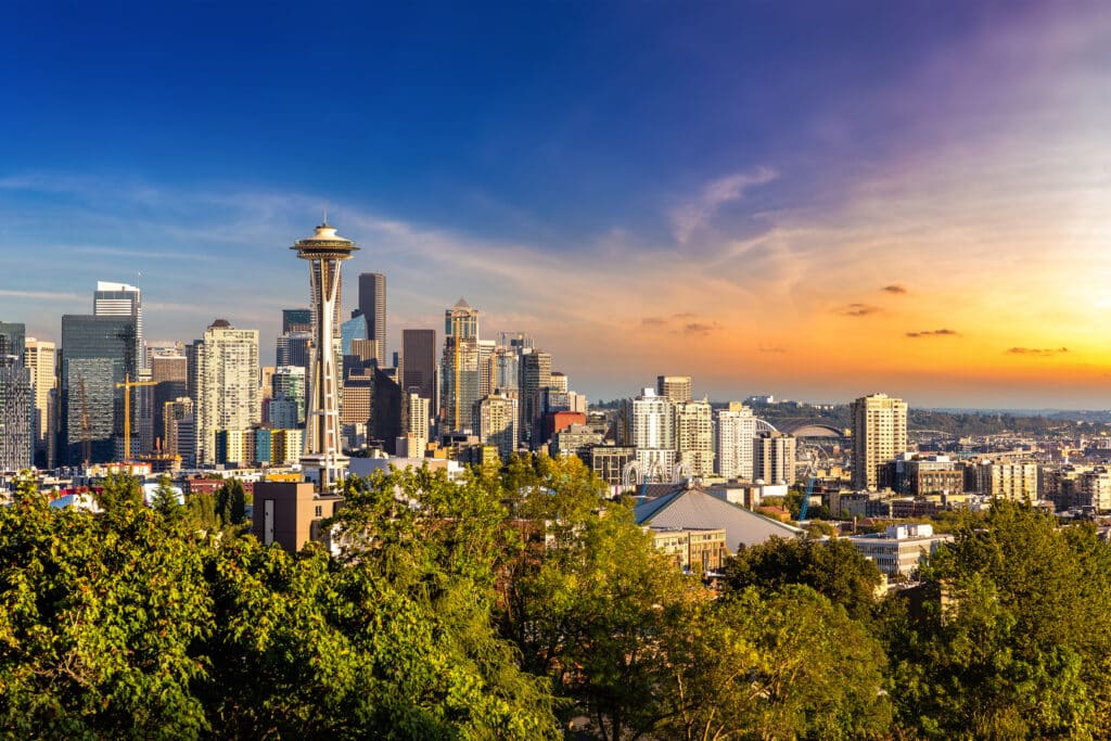 Panoramic view of Seattle cityscape and Space Needle at sunset