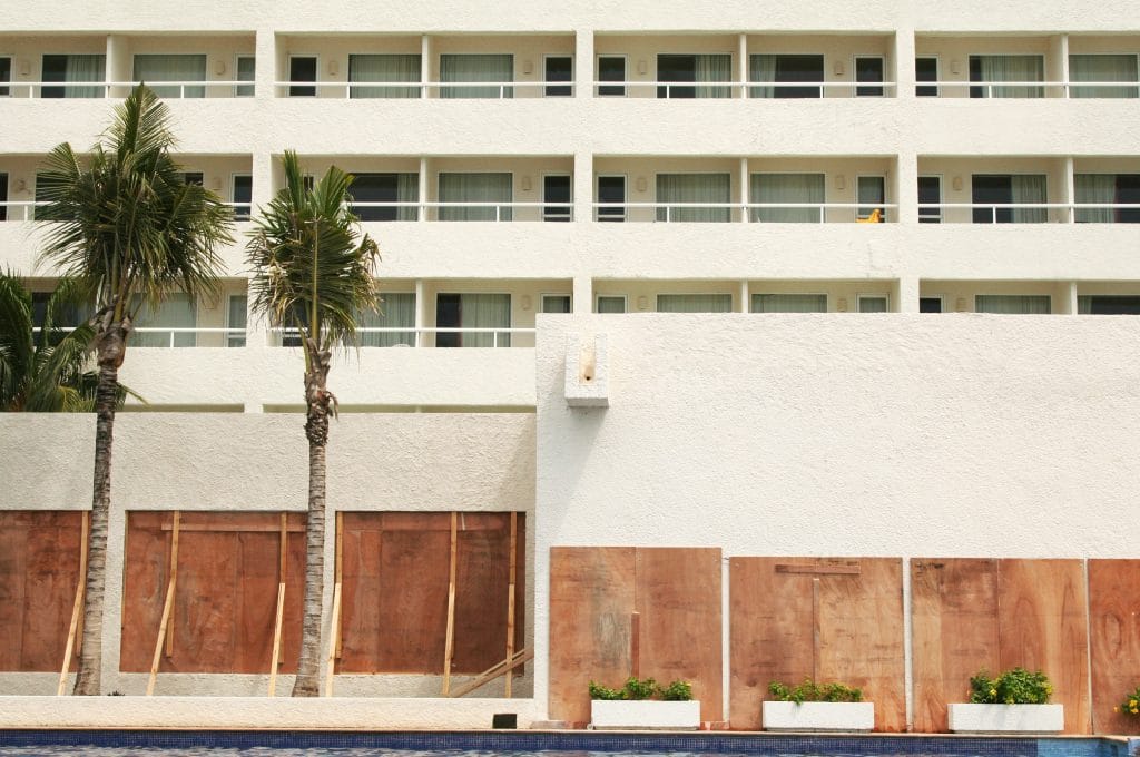 Evacuated hotel in Florida with boarded windows ready for hurricane