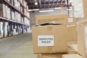 A box sitting inside a warehouse labeled that it has failed an inspection