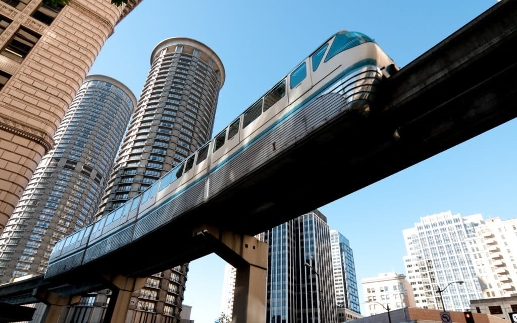 The Seattle Monorail passing through the downtown core.