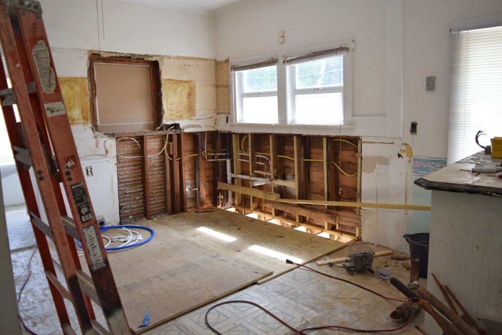 The inside of a building being gutted for a restoration project