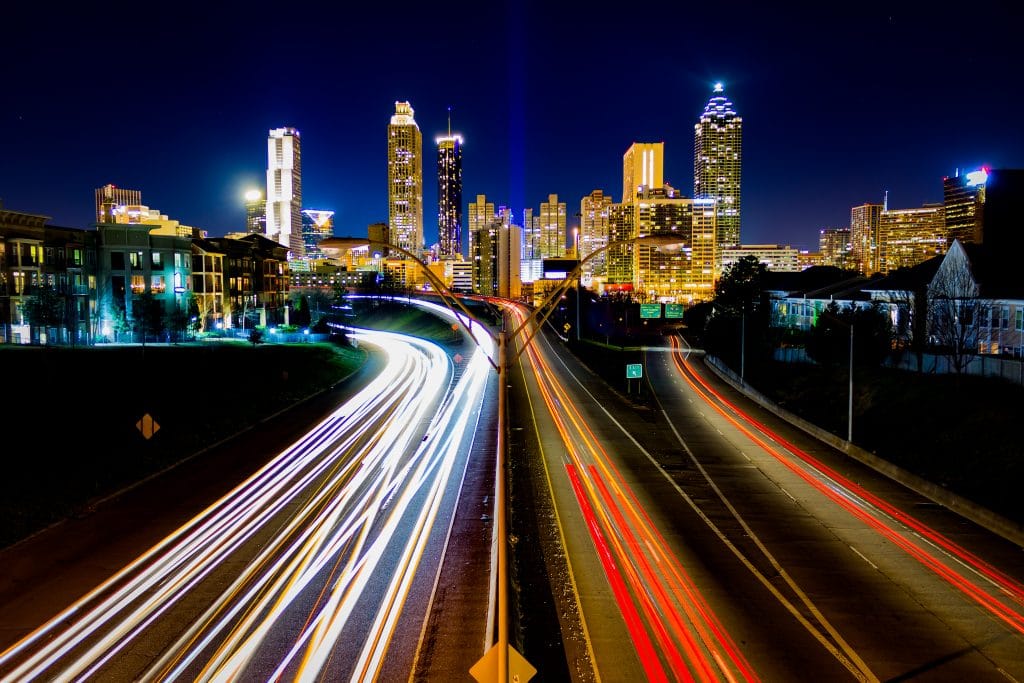 Atlanta highways and skyline at night