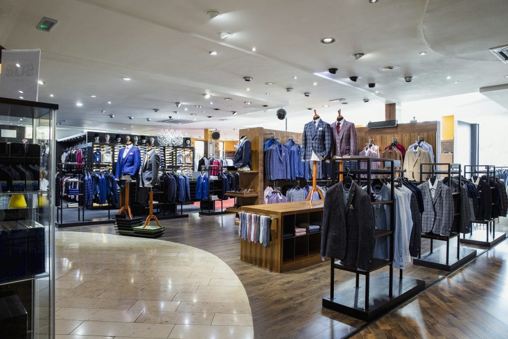 Merchandise displays inside a menswear retail store