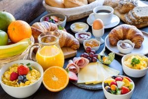 Image of a breakfast food spread at a hotel