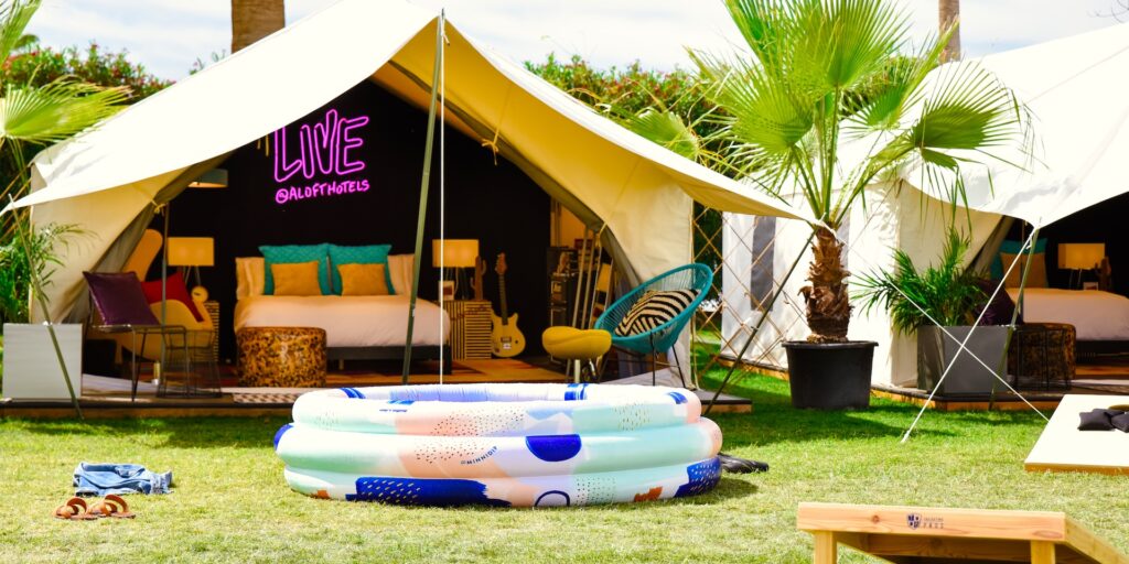 An outdoor sitting area at the Marriot X Coachella pop-up hotel