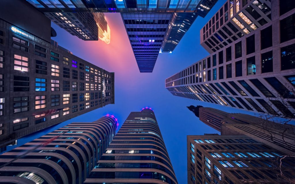 View of Minneapolis skyscrapers from the ground up