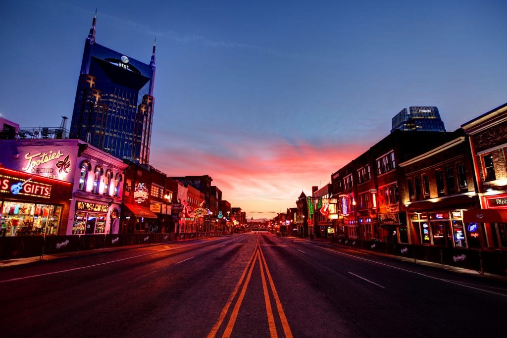 Broadway street in Nashville, Tennessee at dusk