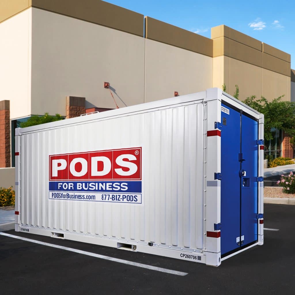 A PODS All-Steel Commercial Container in a parking lot space
