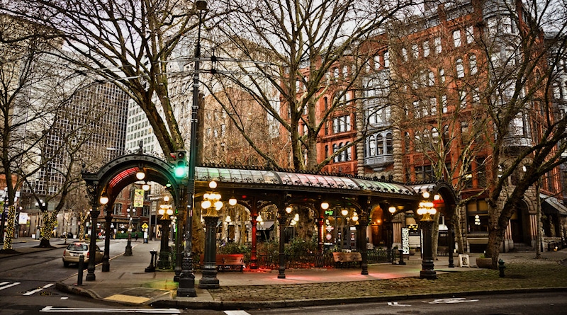 View of victorian awning in a public square in Pioneer Town, Seattle