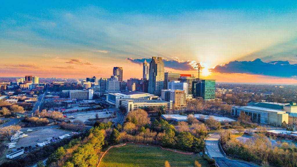 The skyline of Raleigh, North Carolina at sun set