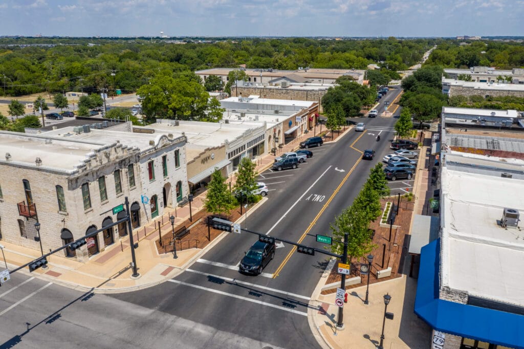 Aerial view of downtown Round Rock, Texas during the day