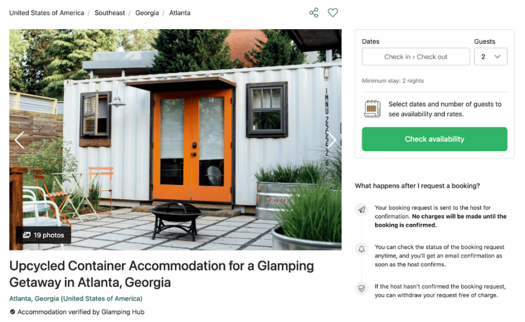 Screenshot of a page showing a shipping containers glamping rental