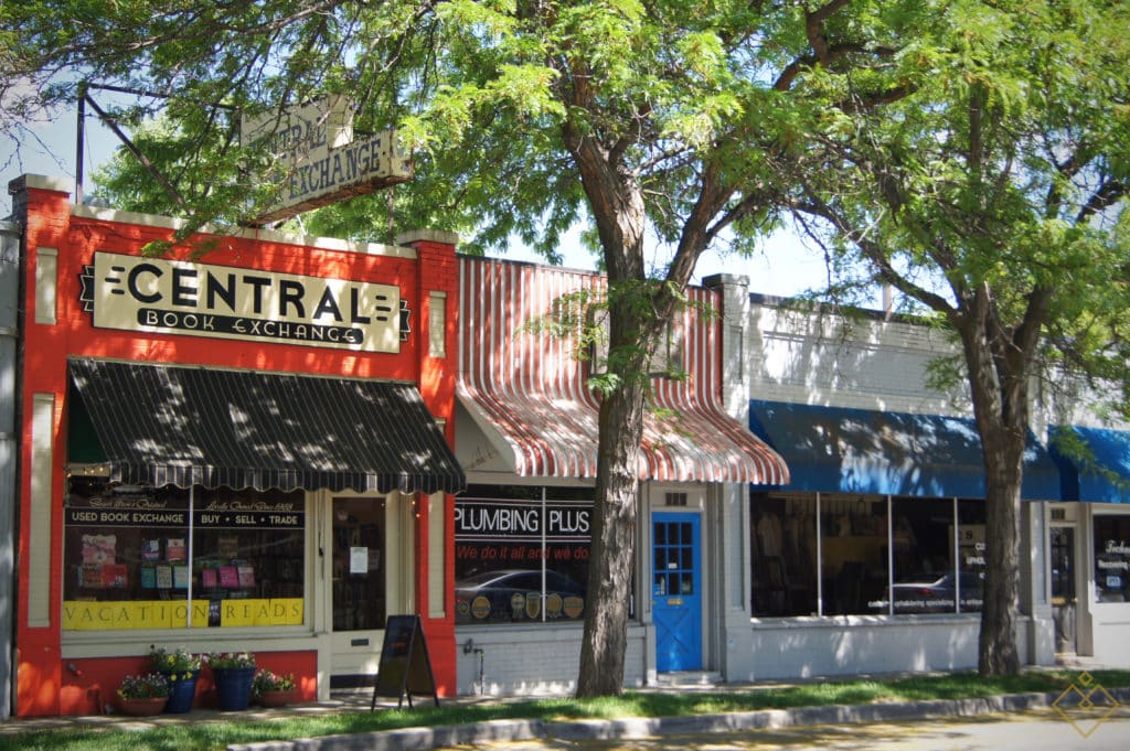 Row of quirky storefront facades in Sugar House, Salt Lake City