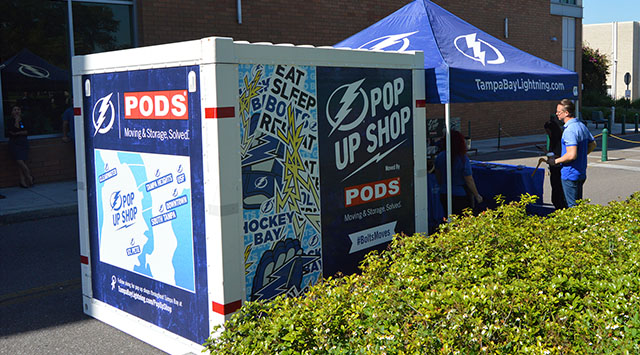 PODS container being used a traveling pop up shop for Tampa Bay Lightning