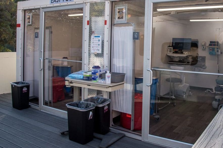 PODS containers being used as temporary clinics at UCLA during the COVID-19 pandemic.