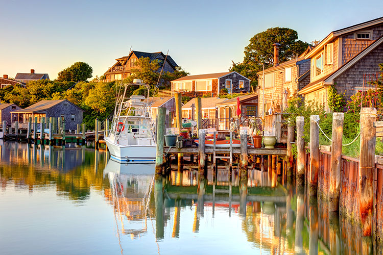 Boats throughout the Wychmere Harbor on Cape Cod.