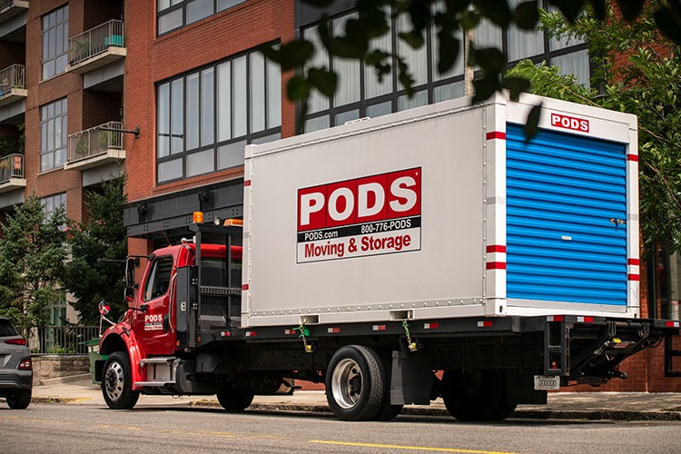 A PODS container on a truck in downtown Boston