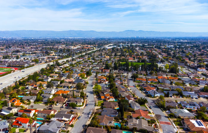  Aerial view of Cupertino, California, and the nearby mountains.