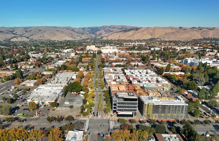 Aerial view of Fremont, California, with the Diablo Range visible in the distance.