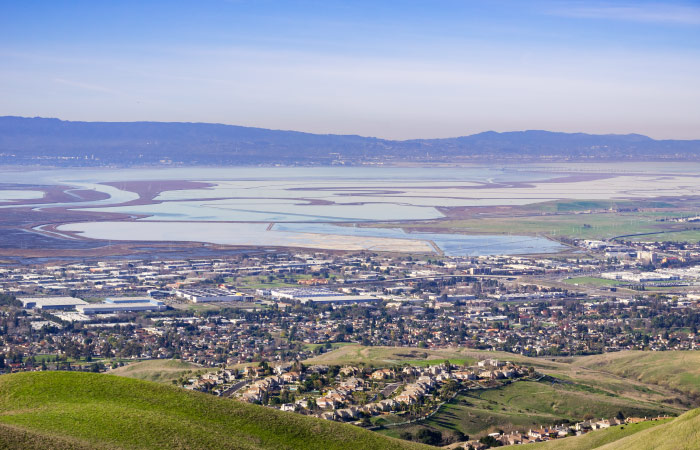 Aerial view of Milpitas, California, and the southern part of San Francisco Bay.