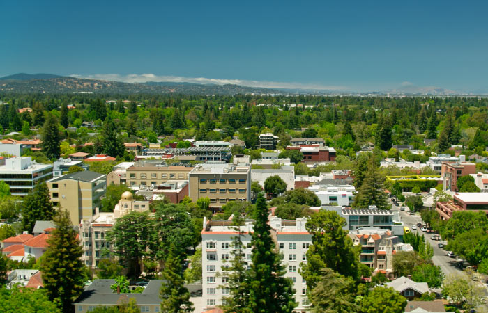 Aerial view of Palo Alto, California, and the lush greenery throughout the city.