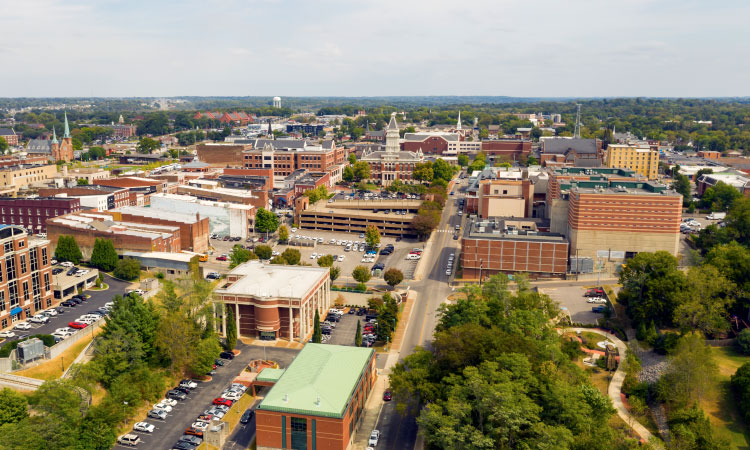 Aerial view of the city of Clarksville, Tennessee, in the spring. 