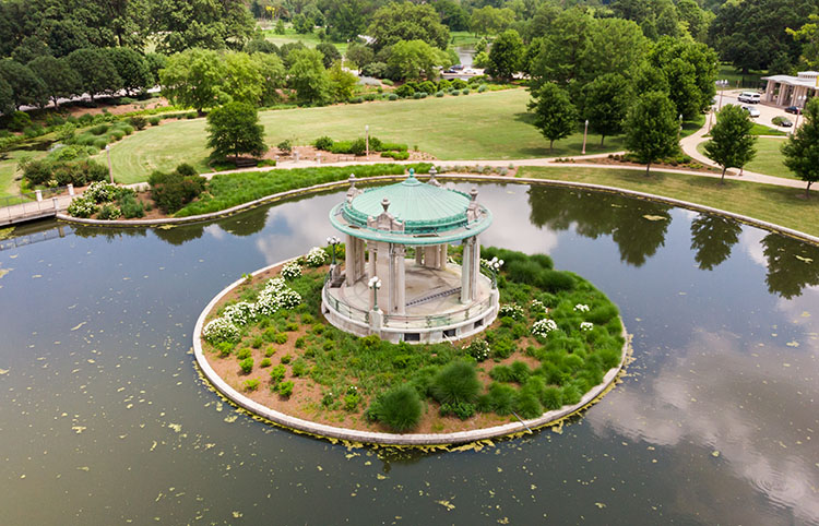 Aerial image of the 1904 World's Fair Nathan Frank Memorial Bandstand in Forest Park, St. Louis, MO.