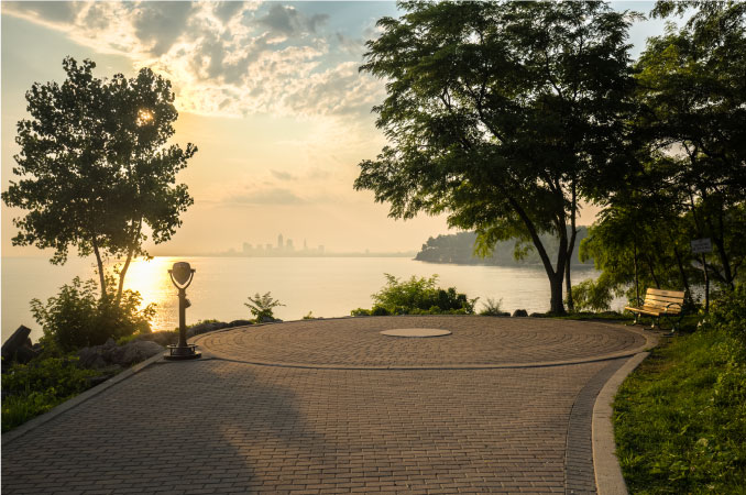 Distant view of the Cleveland skyline across Lake Erie, seen from Lakewood Park in Lakewood, Ohio.