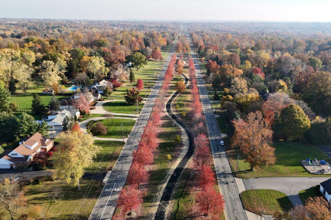 Aerial view of lovely Pepper Pike, Ohio — one of the best Cleveland suburbs.