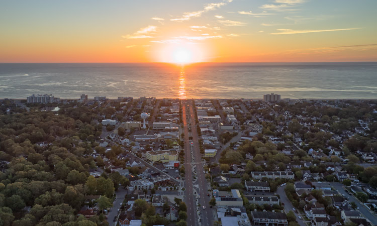 Aerial view of Rehoboth Beach, Delaware, and its commercial and residential districts by the coast.
