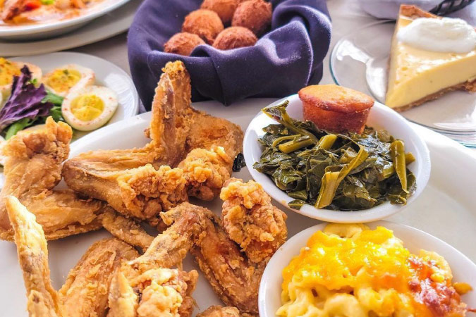 A delicious-looking spread of southern soul food from a restaurant in Atlanta, Georgia.