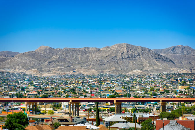 Aerial view of El Paso, Texas, and the surrounding mountains from the city’s Sunset Heights neighborhood. 